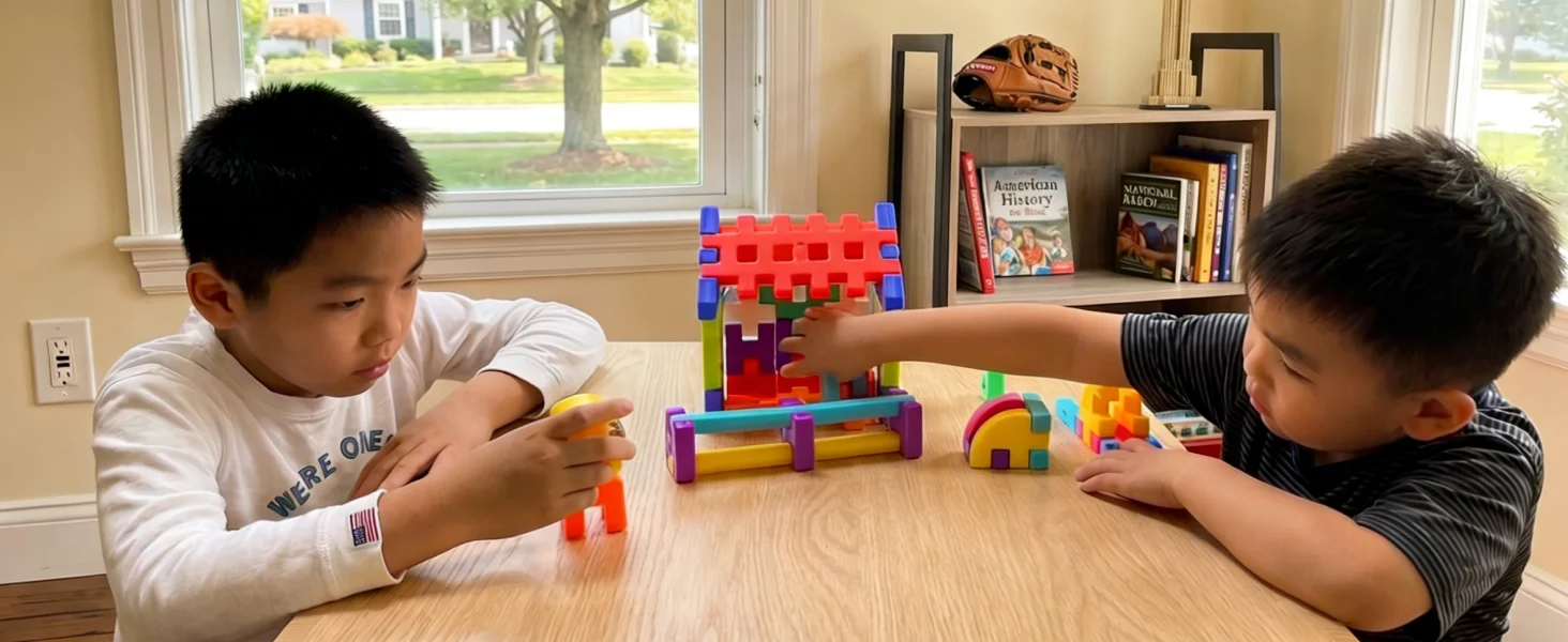 Warm family living space with XRUFY building blocks ready for creative play